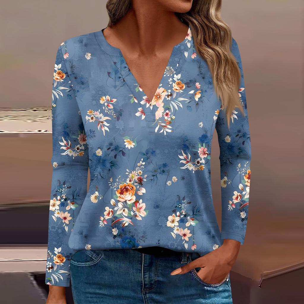 Женская модная повседневная футболка с V-образным вырезом и длинным рукавом, винтажный цветочный принт
