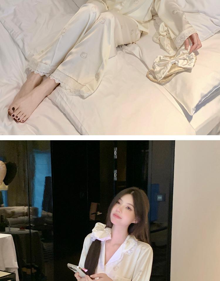 2025 Women's Ice Silk Pajama Set: Cute Kitty, Long-Sleeve for Spring and Autumn