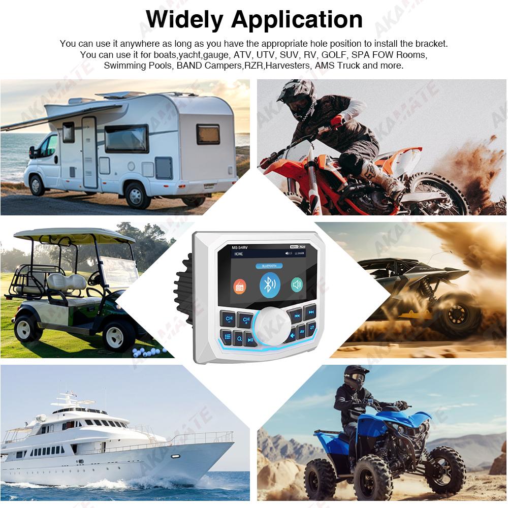 Boat Stereo MP5 Radio Bluetooth FM AM RDS EQ Waterproof IPX5 AUX Square White Universal Marine Media Player for RV UTV ATV SPA