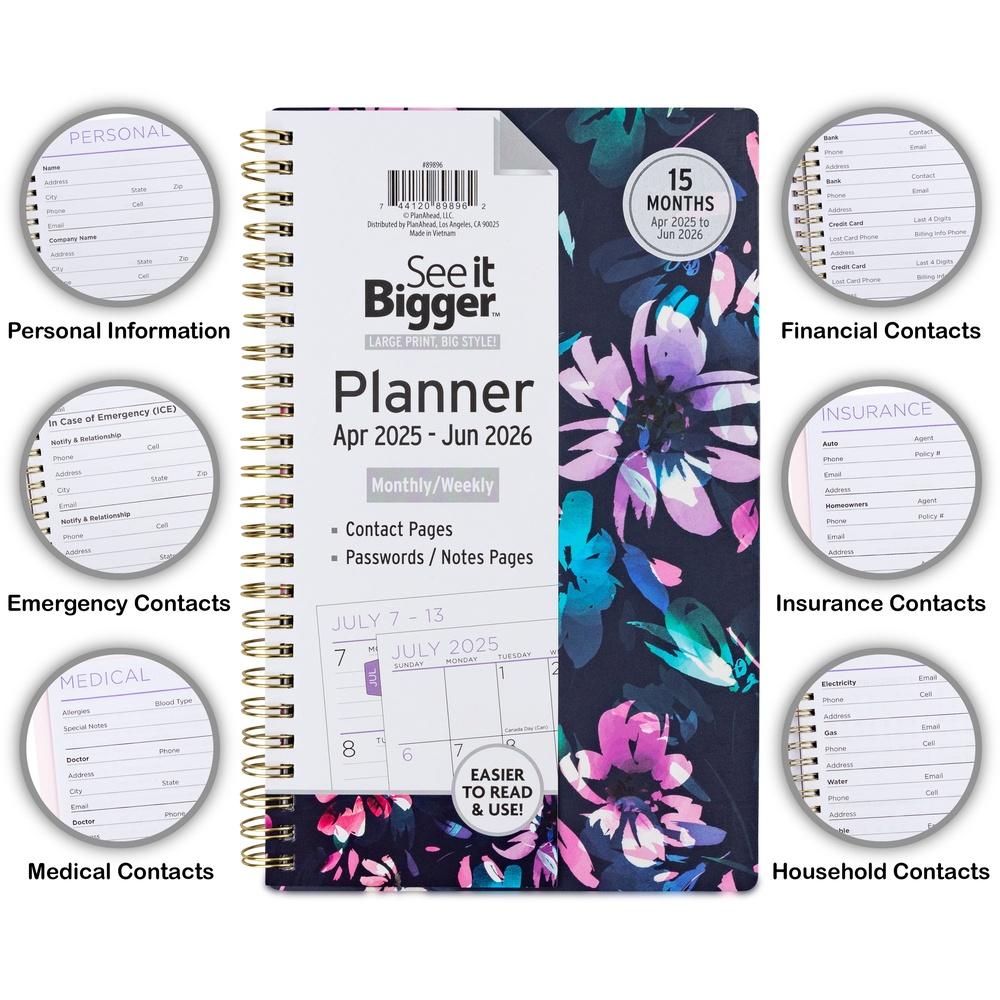 Прочный 15-месячный ежемесячный еженедельный планер Ламинированные вкладки Разворот на 2 страницы Раздел для заметок Контакты Экстренные записи 2025 2026