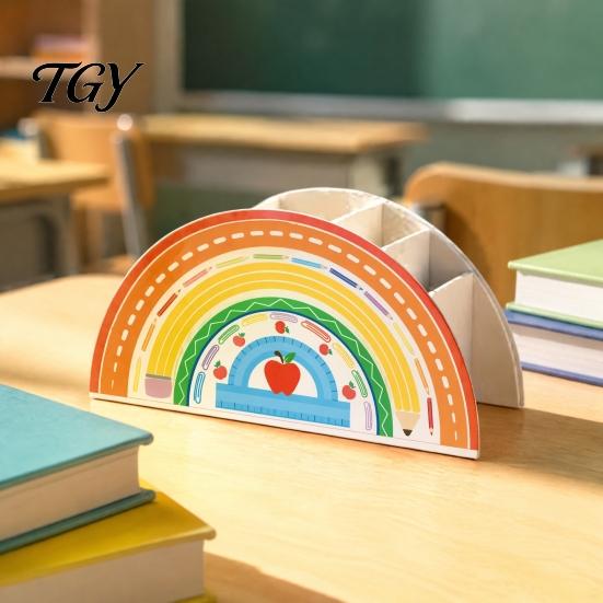Classroom Supplies Organizer Wooden Rainbow Pencil Holder, Cute Desk Organizer, School Office Art Supply Desktop Storage for Small Items Kids,