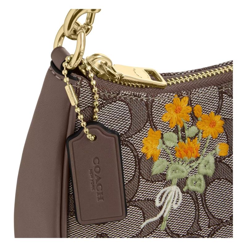 Coach Сумка на плечо Teri 25 Цветочная вышивка Застежка-молния Съемная верхняя ручка Фирменная жаккардовая и гладкая кожа Среднего размера Женская Дуб