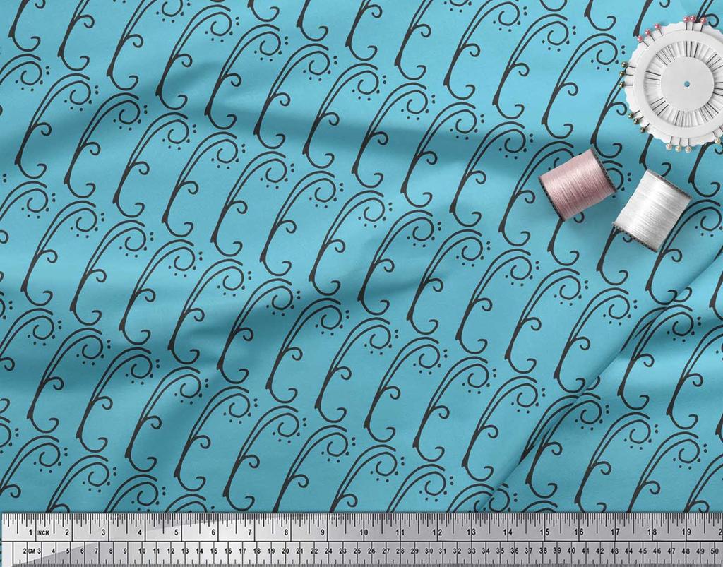 Soimoi Blue Japan Crepe Satin Fabric Tendril & Abstract Print Fabric by the metre 42 Inch