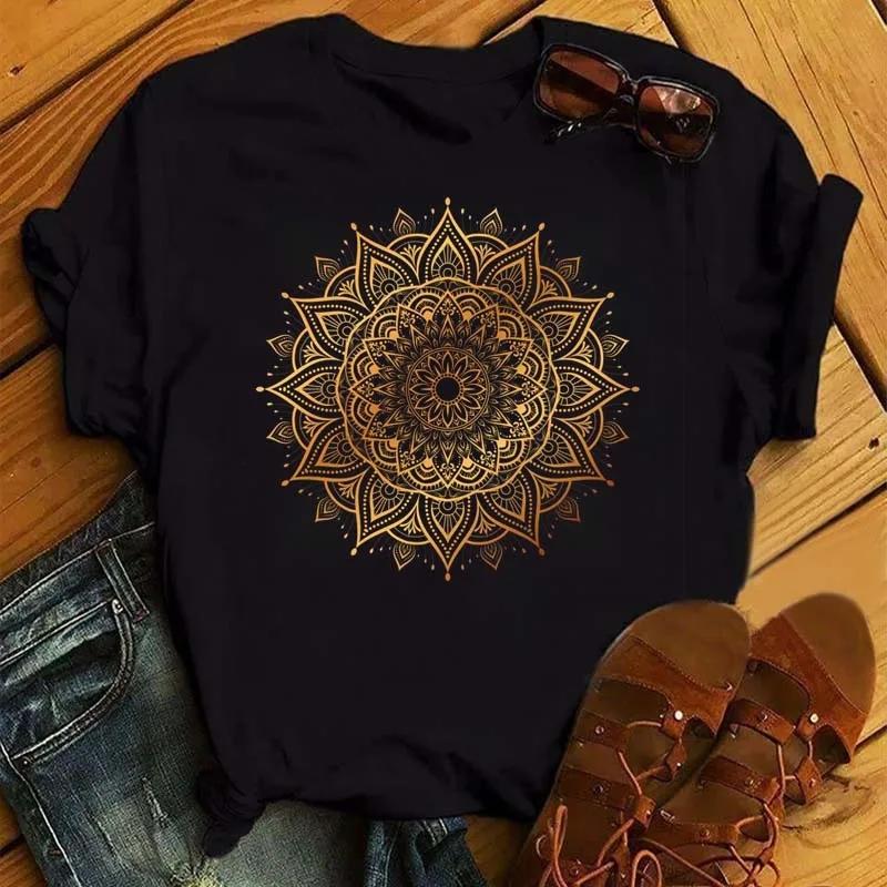 Maycaur New Mandala Цветочный принт Футболка Женская Повседневная Модная Футболка Свободная Короткий Рукав 90-х Девочек Эстетика Черная Футболка Топ