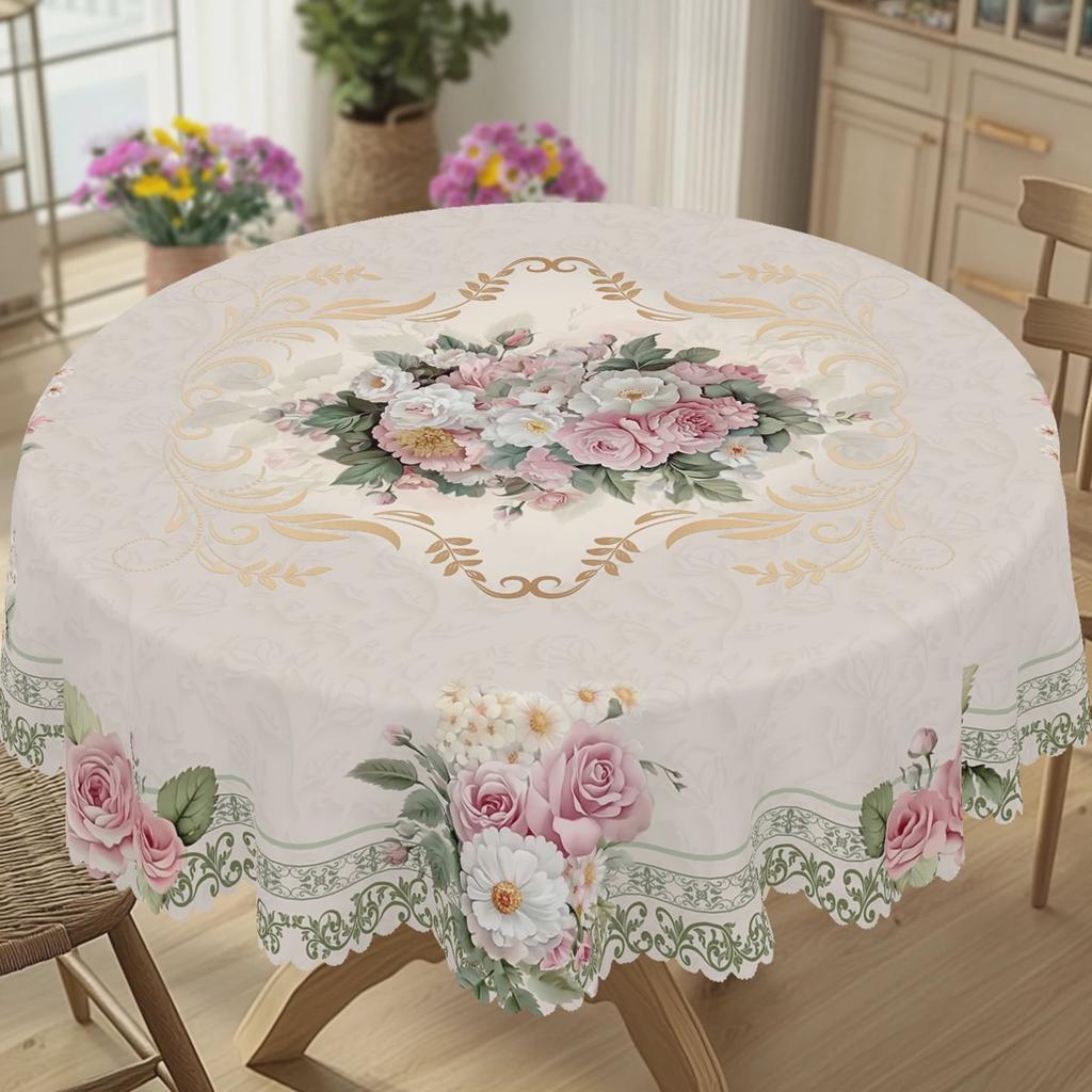 Elegant Romantic Floral Print Tablecloth in Vintage Beige Rose and Daisy Pattern, Round and Rectangular Options