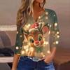 Women's Fashionable Casual Christmas Printed V-neck Three-quarter Sleeve Decorated Button Top