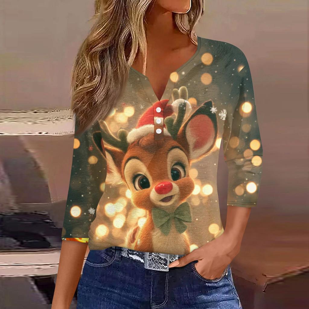 Women's Fashionable Casual Christmas Printed V-neck Three-quarter Sleeve Decorated Button Top