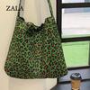 Женская вельветовая сумка через плечо, зеленая тканевая сумка с леопардовым принтом, большая вместительная сумка, повседневные дорожные сумки для покупок