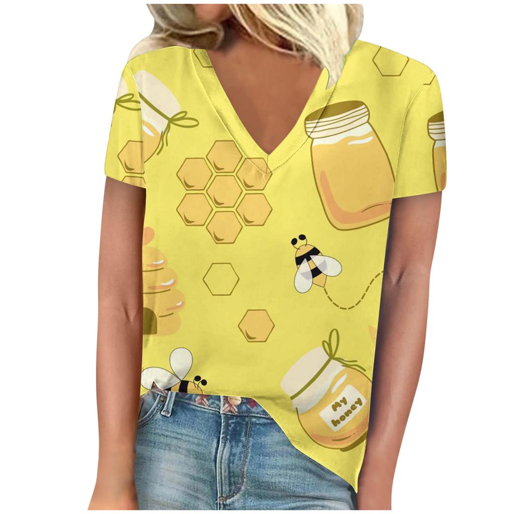 Винтажная женская футболка с принтом пчелы, с коротким рукавом, с V-образным вырезом, удобные футболки