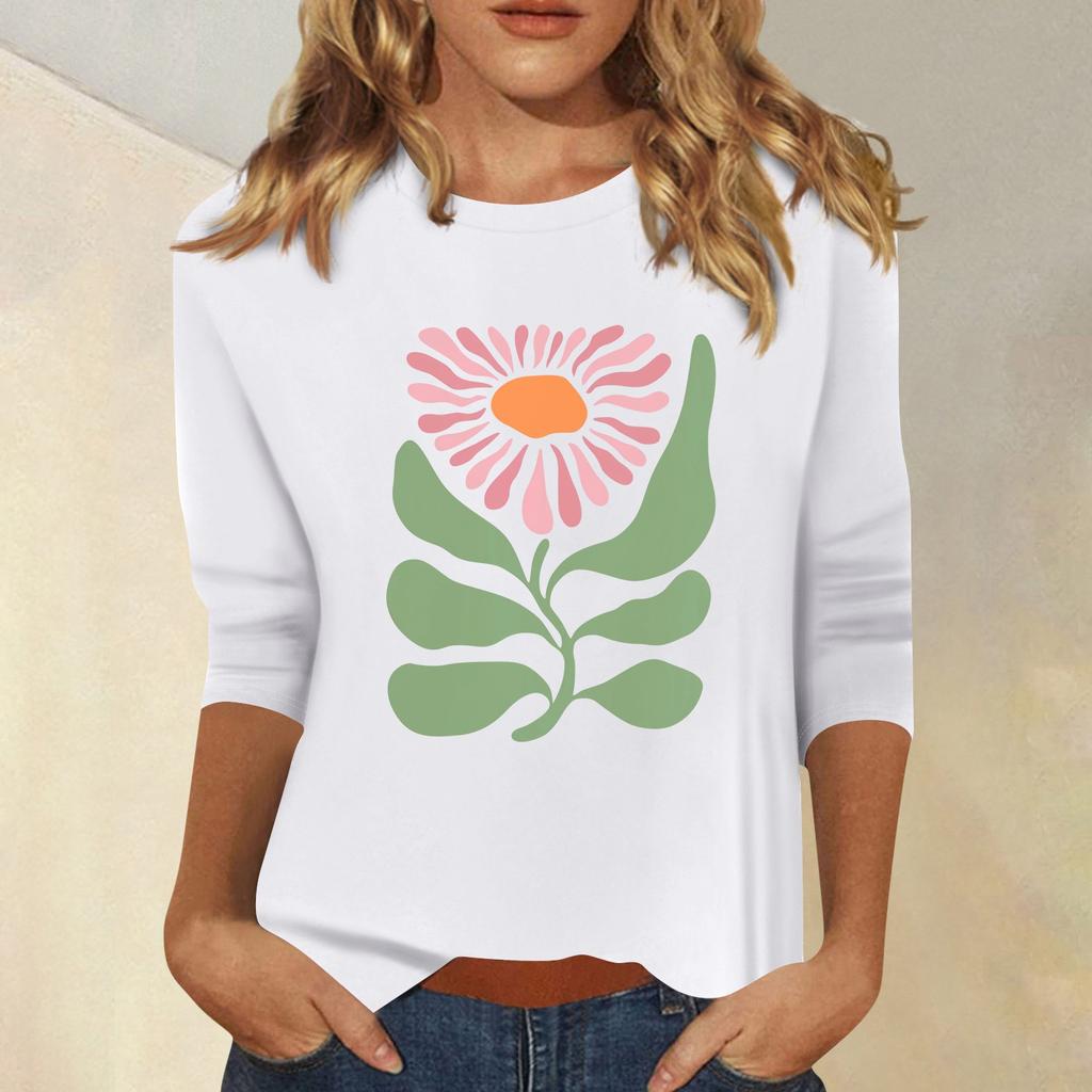 Женская мода повседневный принтованный топ с семью рукавами и круглым вырезом