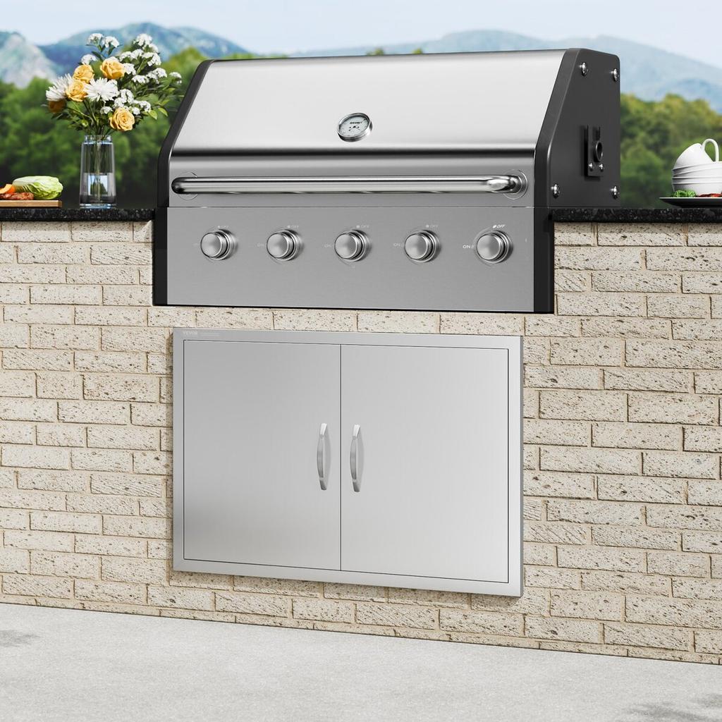 BBQ Access Door, 889x610 mm Double Outdoor Kitchen Door, Stainless Steel Flush Mount Door, Wall Vertical Door with Handles, for BBQ Island, Grilling