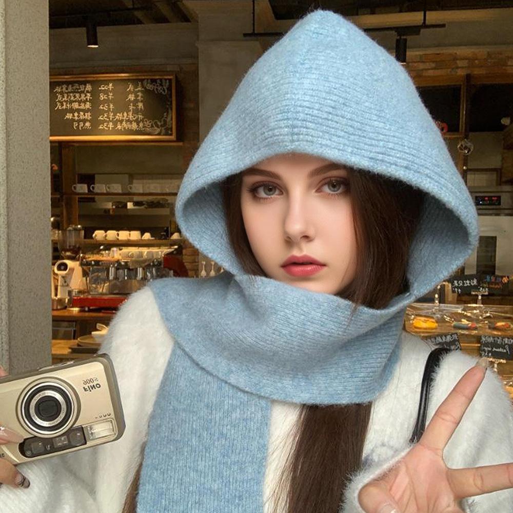 Korean Balaclava hat women's autumn and winter warm ear protection strap knitted hat versatile scarf integrated ear protection hat