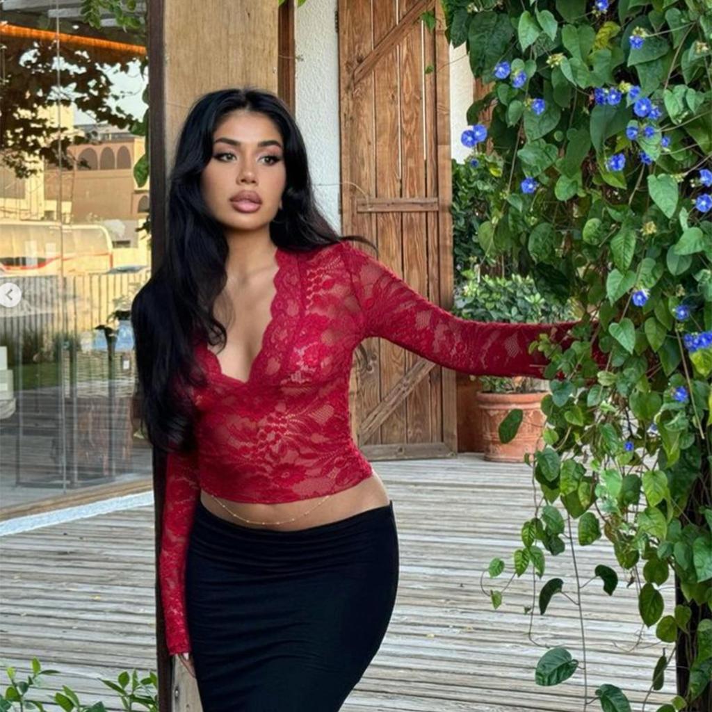 Сексуальный облегающий топ с глубоким V-образным вырезом и кружевом - Европейский и американский осенний стиль