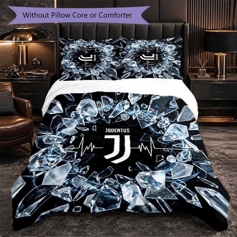 Juventus FC Pattern 3 Pieces Bedding Set Soft Microfiber Duvet Cover with Pillow Cases for Bedroom