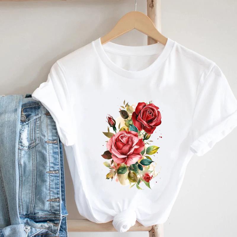 (Asian Size) Women Print Flower Floral Lovely 90s Trend Cute Tee Top Clothing Fashion Tshirt Lady Female Casual Short Sleeve Graphic T-shirt