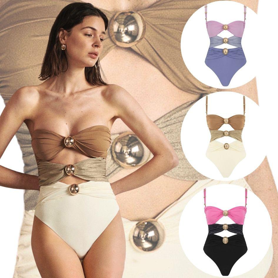 1011 European and American new gold round buckle decorative three-color hollow splicing one-piece swimsuit women's suit