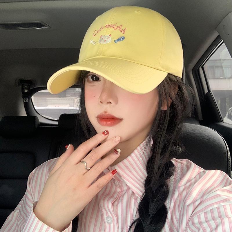 Fashion Cute Cat Embroidery Baseball Cap Women In Soft Yellow Size Adjustable