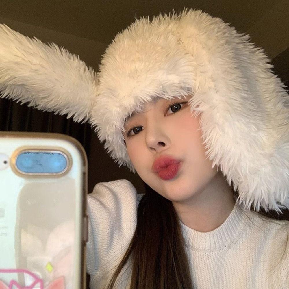 Cute Pullover Furry Cap Warm Plush Winter Beanies Cartoon Bunny Ear Hat Streetwear