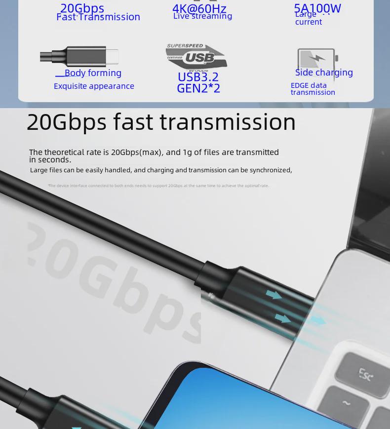 Кабель Type-C - Type-C USB3.2 Gen2x2 Male, быстрая зарядка 100 Вт PD, проекция 4K.