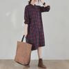 2021 Autumn Plus Size Plaid Cotton Linen Long Sleeve Shirt Dress with Pockets for Women