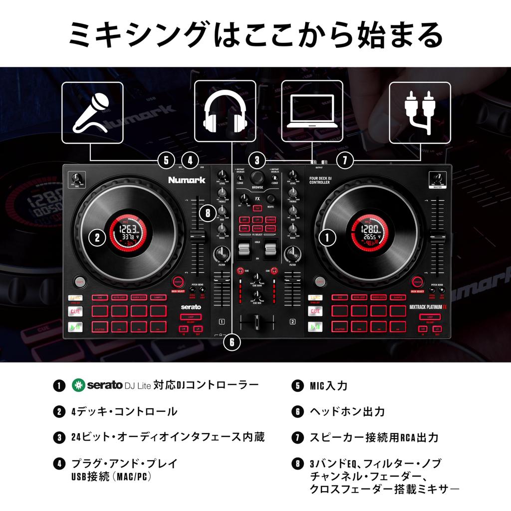 Numark DJ Controller 4 Deck Jog Wheel with Touch Sensor Serato DJ Lite DJ Mixer Streaming DJ Equipment FX with Paddle Audio Interface Numark Mixtrack