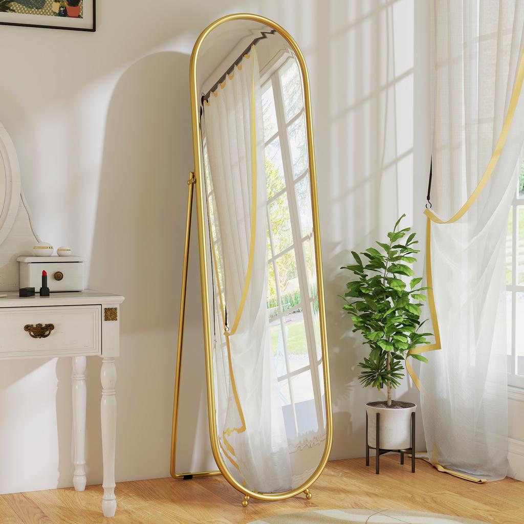 Full-Length Floor Mirror with Foldable Stand, Glass and Metal, 50x4x180 cm, Gold