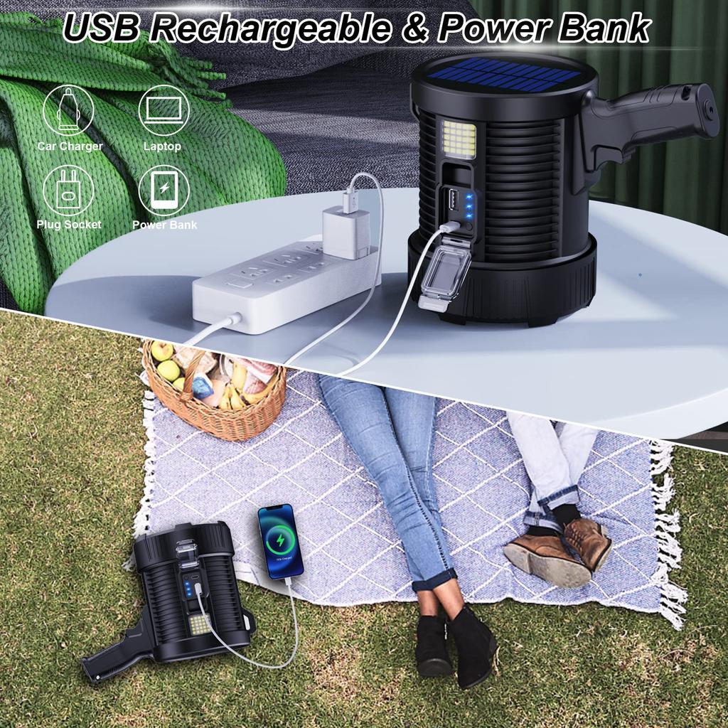 Перезаряжаемый прожектор 900000 люмен светодиодные прожекторы ручной большой фонарик супер яркий уличный прожектор на солнечных батареях