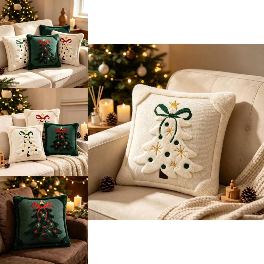 Christmas Tree Embroidered Pillow Cover With Bow Design For Home Decor
