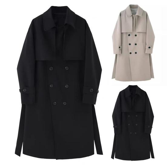 Мужская ветровка, пальто с лацканами, длинный рукав, двубортный тренчкот с карманами, однотонный свободный крой, осень-зима, средняя длина, верхняя одежда