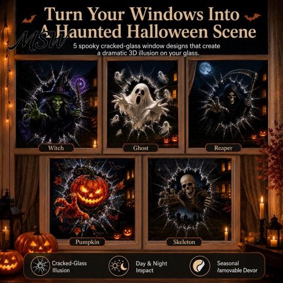Halloween Window Clings Stickers, Removable Static Cling Decals with Pumpkin Ghost Witch Scary Atmosphere Props Patterns, for Home Shop Glass