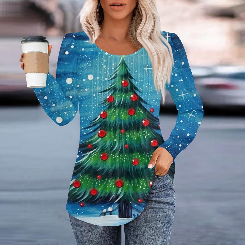 Женская повседневная и модная принтованная футболка с круглым вырезом и длинными рукавами, плиссированная футболка на Рождество