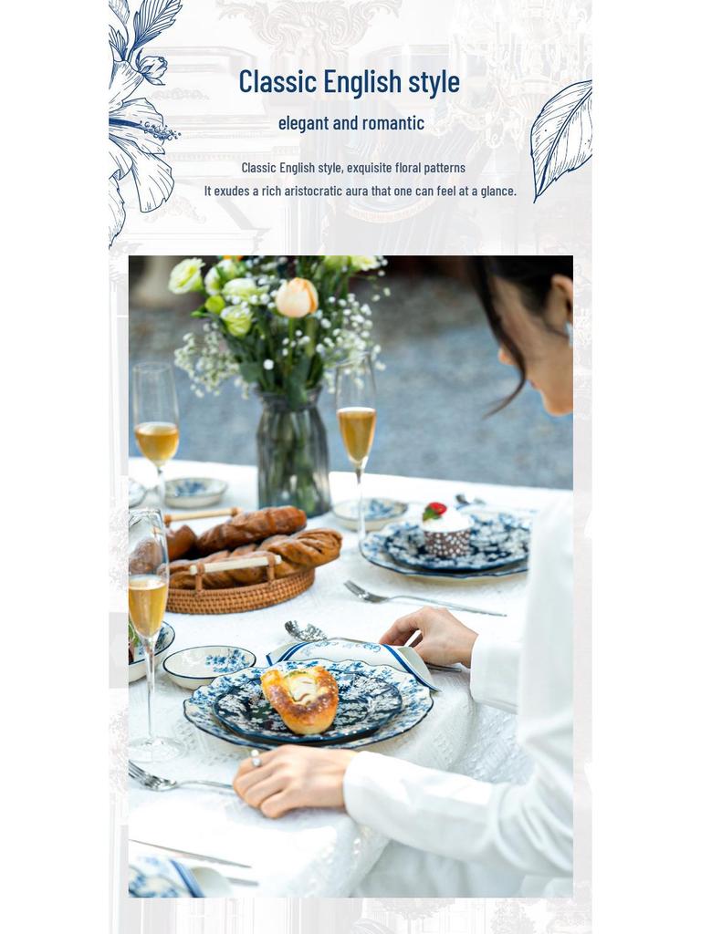 Shunxiang Jialan English Retro Ceramic Bowl & Plate Set - Underglaze Tableware for Soup & Rice.