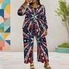 Women Plus Size Round Neck Long Sleeve Printed Top And Wide Leg Pants Two Piece Set