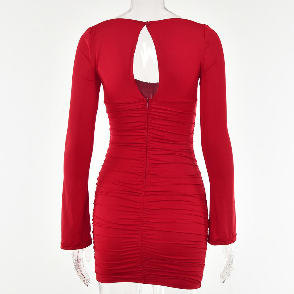 Женское осеннее элегантное вечернее платье для ночного клуба с длинным рукавом и вырезом, сексуальное мини-платье с рюшами