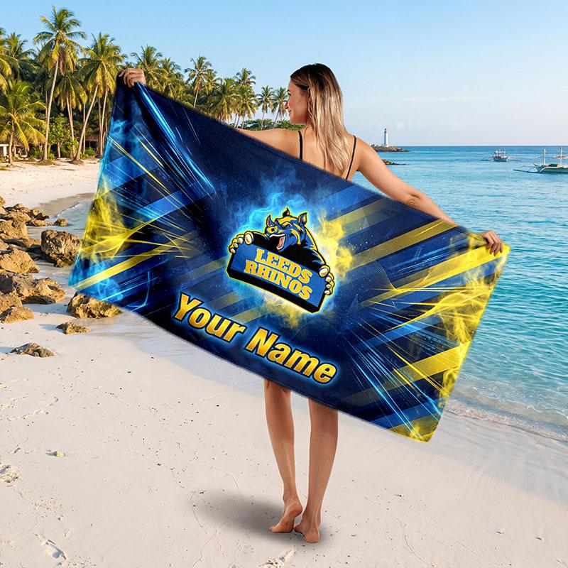 Leeds Rhinos Customized Name Text Beach Towel, Soft Absorbent Towel Beach Pool Travel Personal Gift