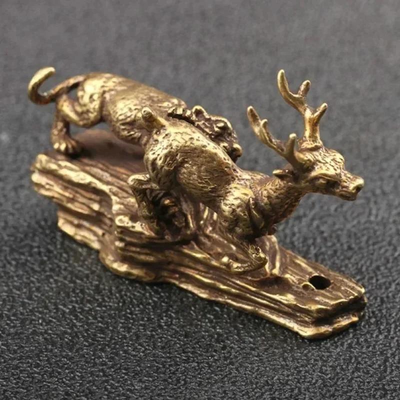 Tiger King Catching Deer Dragon and Dinosaur Statue Small Ornament Antique Bronze Animal Miniature Home Desk Decorations Craft