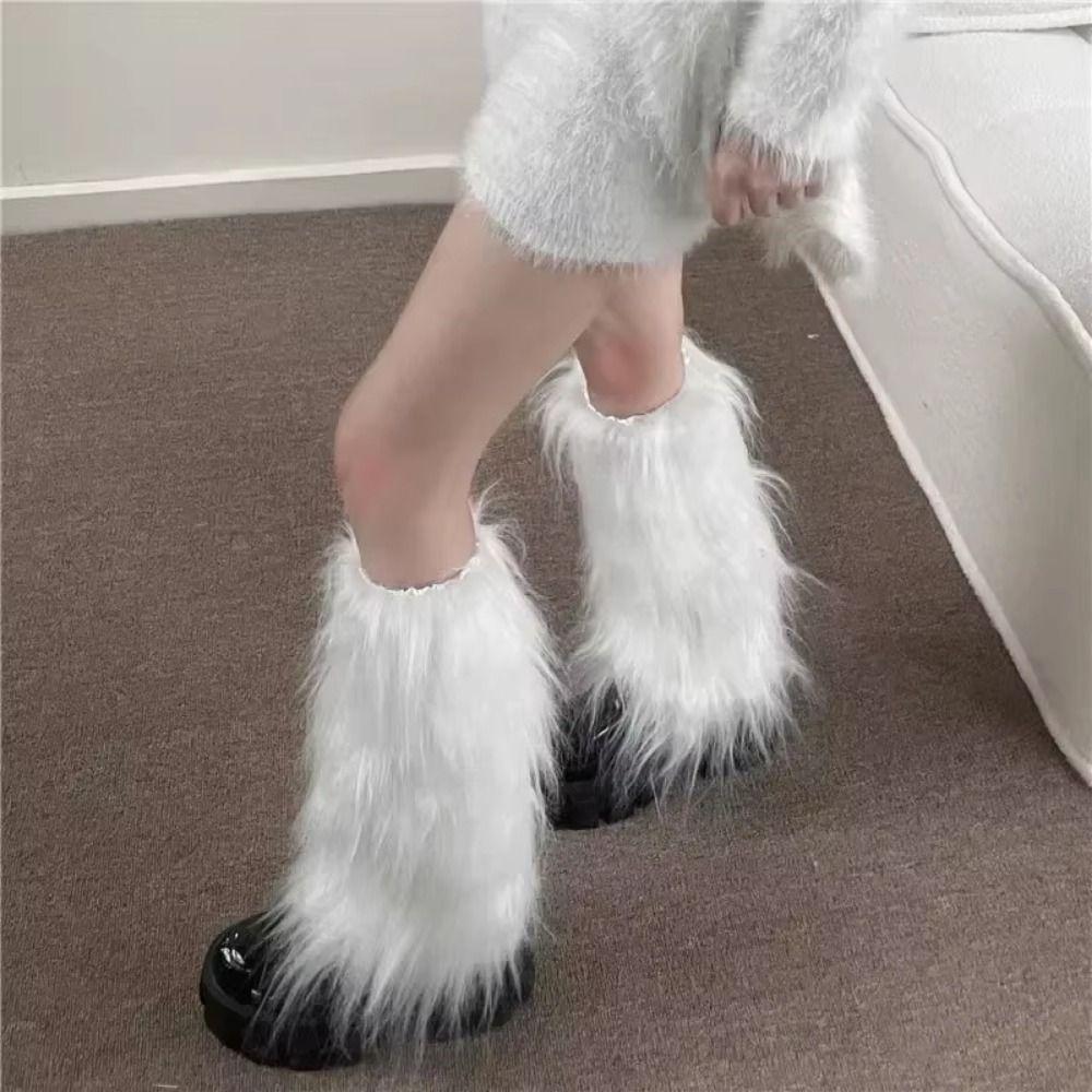 Soft Fluffy Knee High Boots Cover Solid Color Warm Knee Sleeve Halloween Party