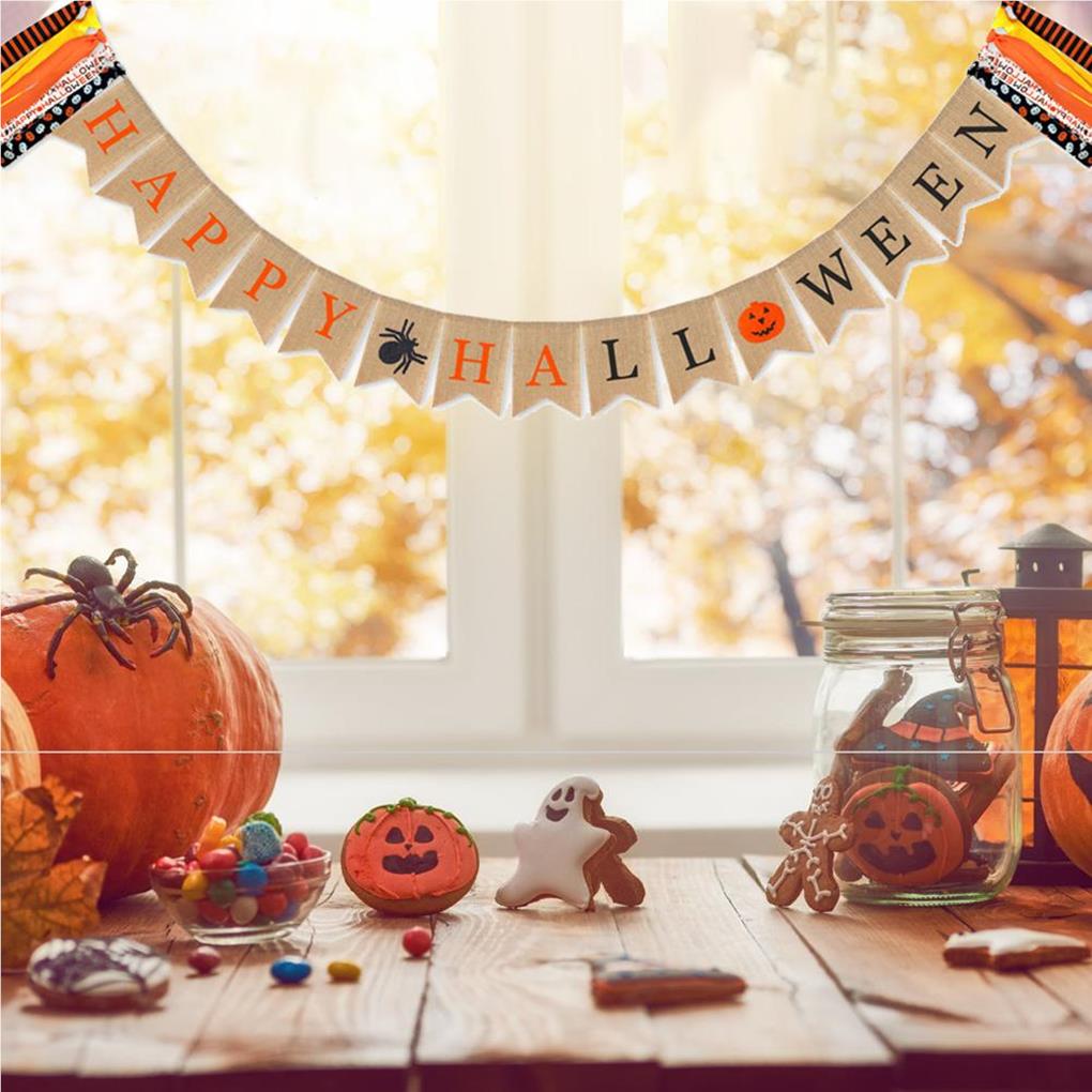 Баннеры на Хэллоуин с изображением паука и тыквы, ткани с буквенным принтом, флажки, праздничные гирлянды, подвесные украшения для дома и сада