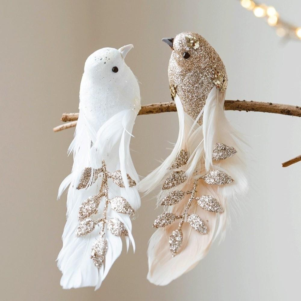 1pair Glitter Finish Artificial Bird Ornament Long Feather Tail Simulated Bird Decor Christmas Tree