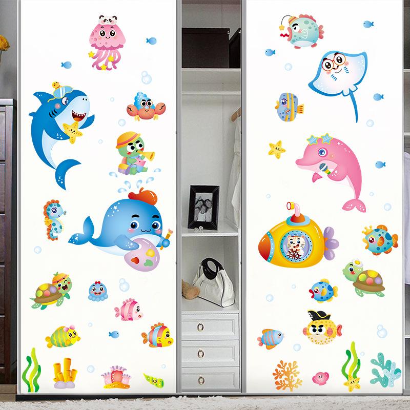 Мультяшная наклейка на стену с морскими животными, украшение детской комнаты в детском саду, самоклеящийся подводный мир