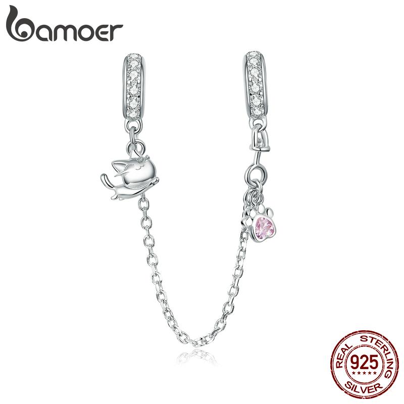BAMOER 925 Stelring Silver Защитная цепочка Kitty Cat Четырехлистный клевер Подвеска подходит для оригинального браслета Ювелирные изделия