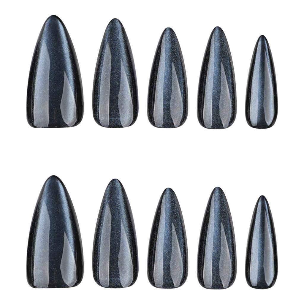 Упаковка из 30 штук: Синие накладные ногти "Кошачий глаз", миндалевидной формы, средней длины