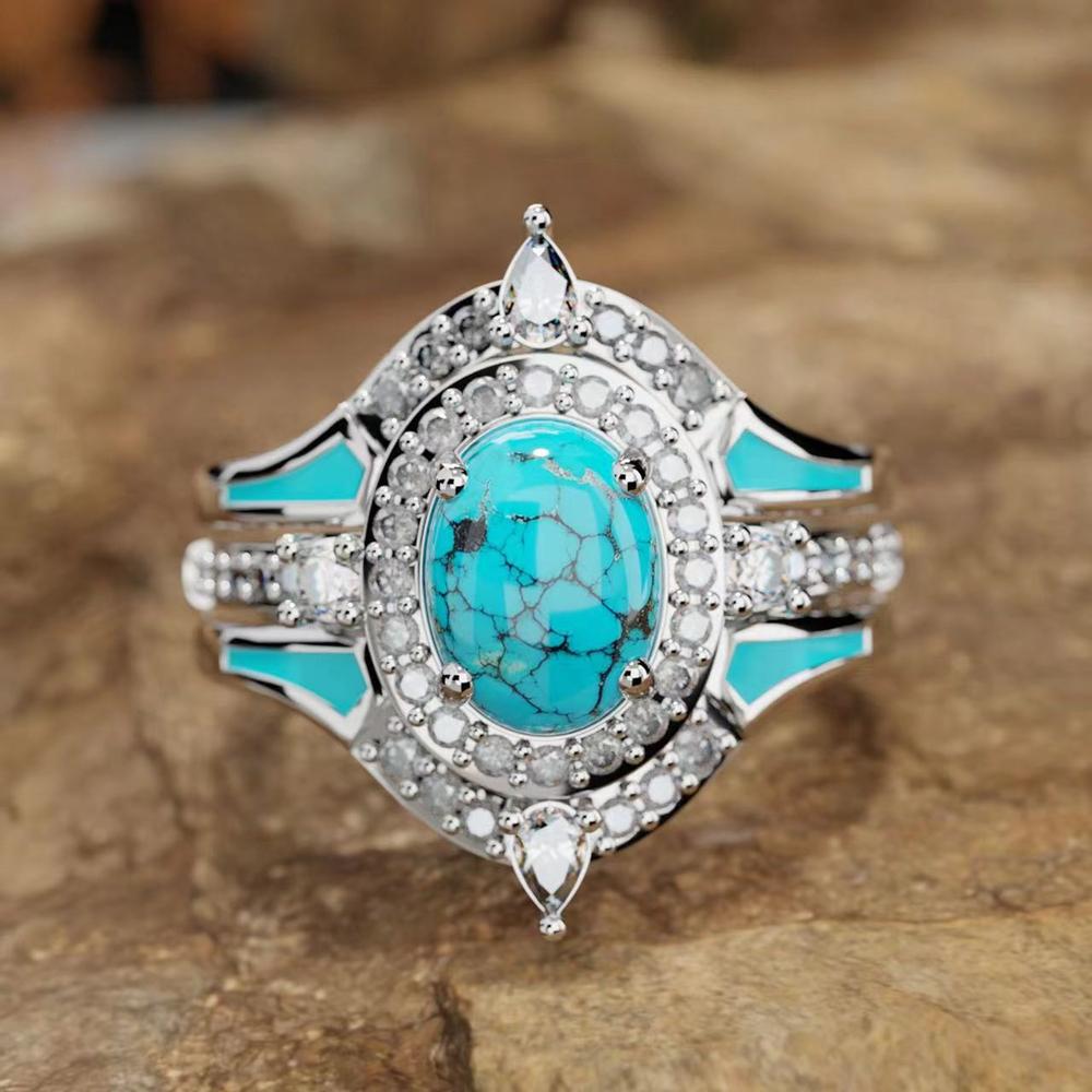Fashion Retro Turquoise Crystal Ring for Women Bohemian Silver Color Rings Set Boho Jewelry 3 Pieces Set