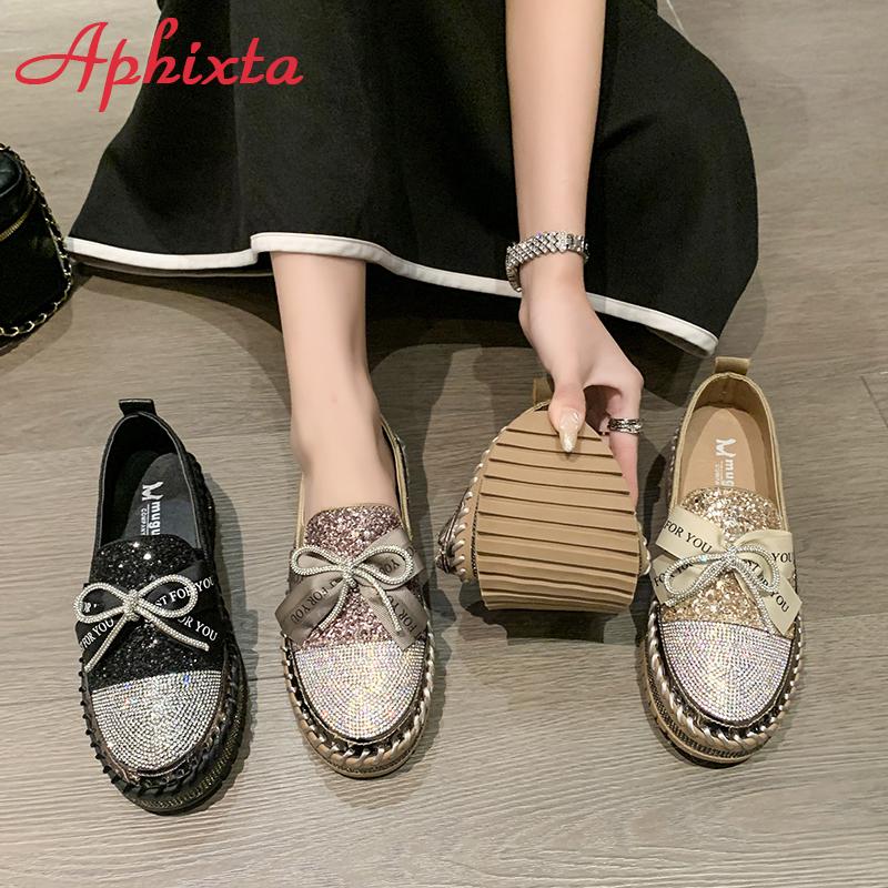 Fashion Aphixta 2025 New Luxury Crystals Bowknot Sequined Flat With Platform Shoes Loafers Couple Woman Fashion Shoes Plus Size 44