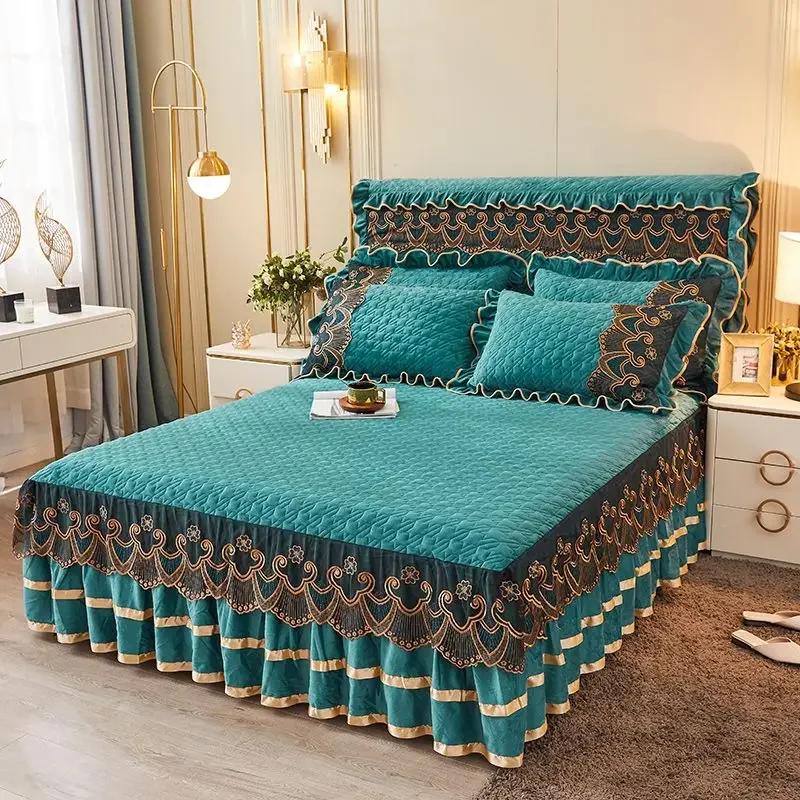 Постельное белье Crystal Velvet Princess для свадьбы, мягкие покрывала, кружевная вышитая юбка для кровати, чехол для матраса, наволочки