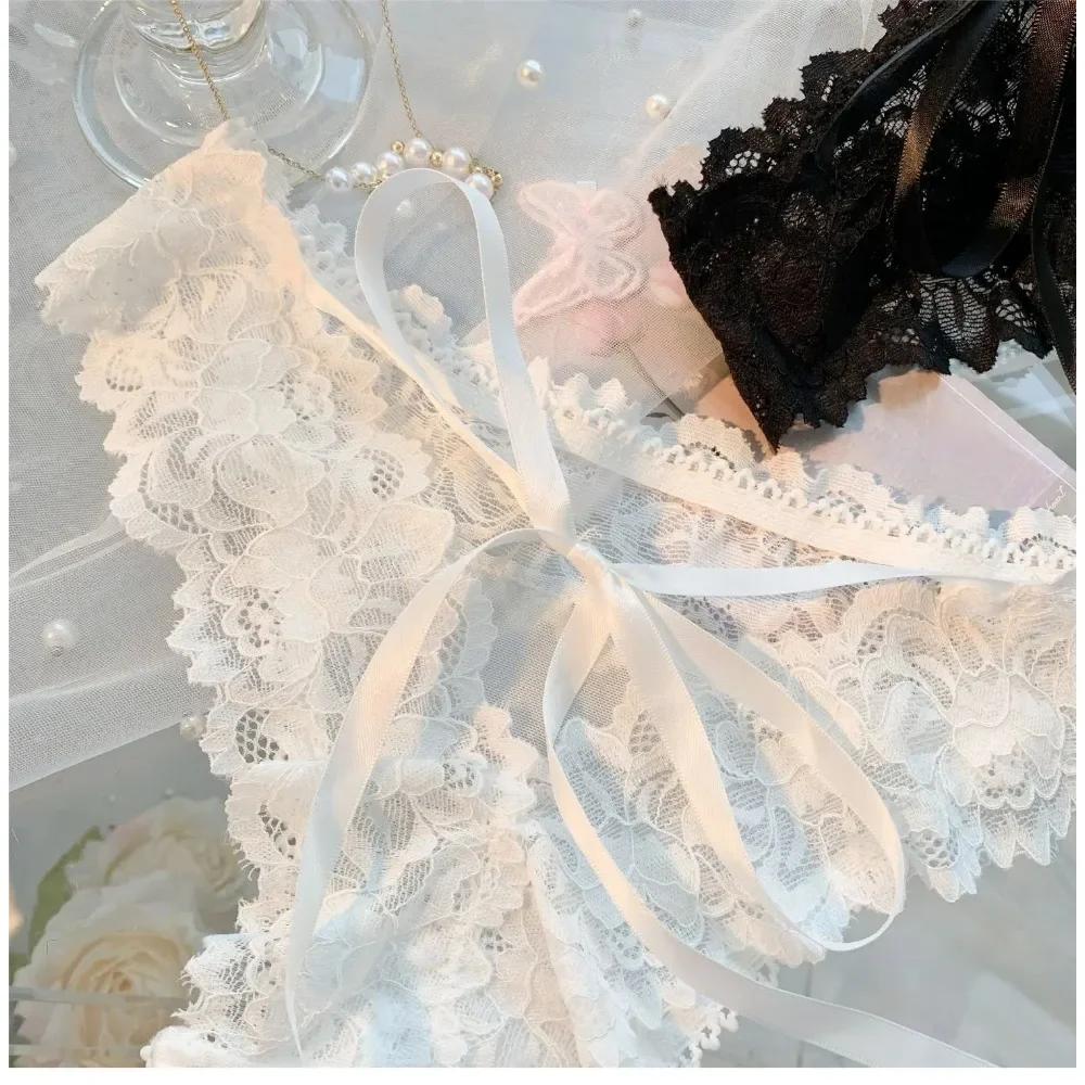 Women's Sexy Low-Waist Lace Underwear Ribbon Strap Lace Bow White Hollow Out Briefs Thin Cotton Crotch Summer Underpants