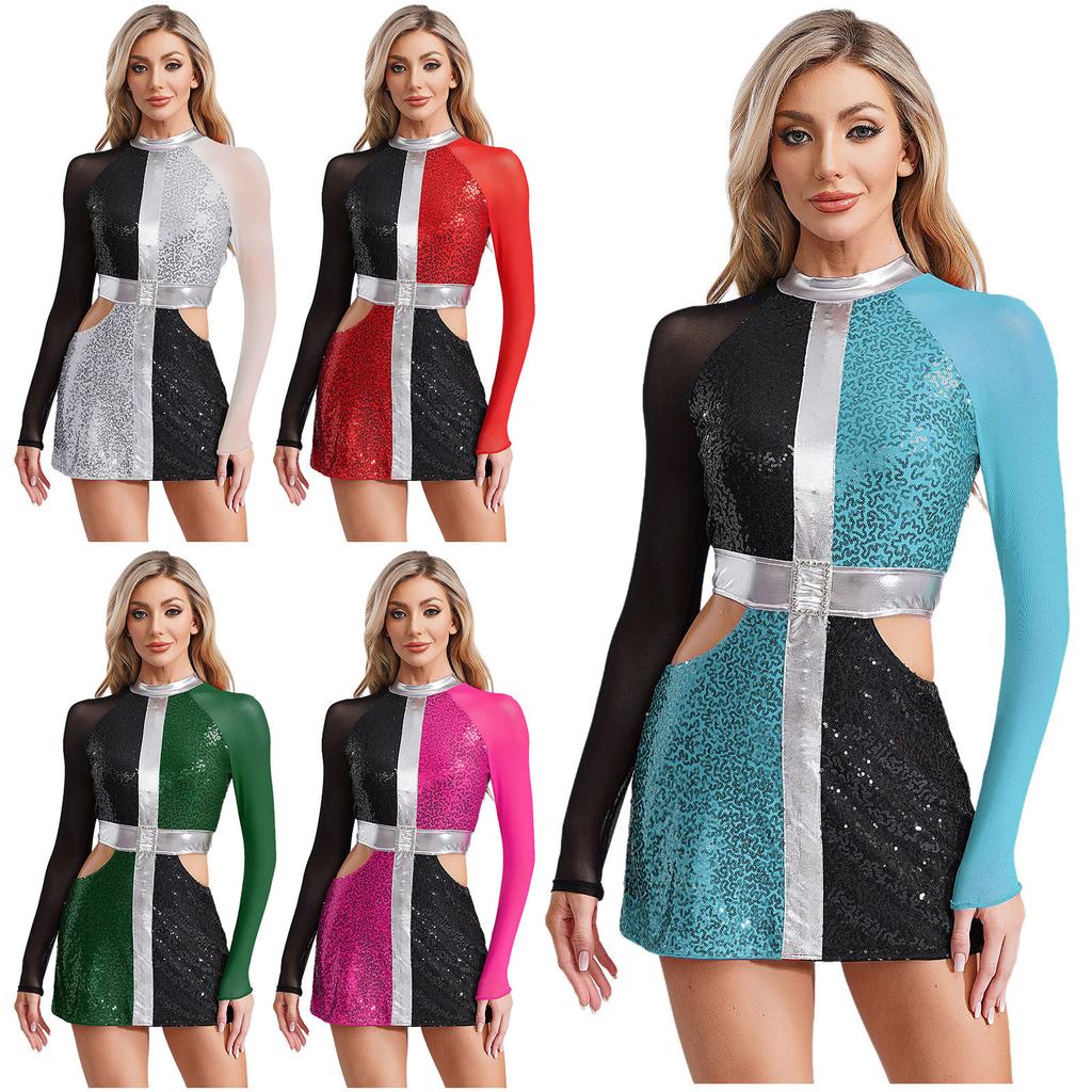 Women‘s 1960s Glitter Sequin Dress Long Sleeve Hollow Out Color Block Mini Sparkle Party Costume for Swinging Night Out