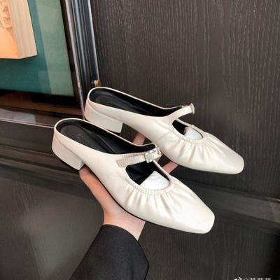 Туфли квадратный носок овчина плиссированные бриллиантовая пряжка сумка голова толстый каблук шлепанцы полусабо для улицы