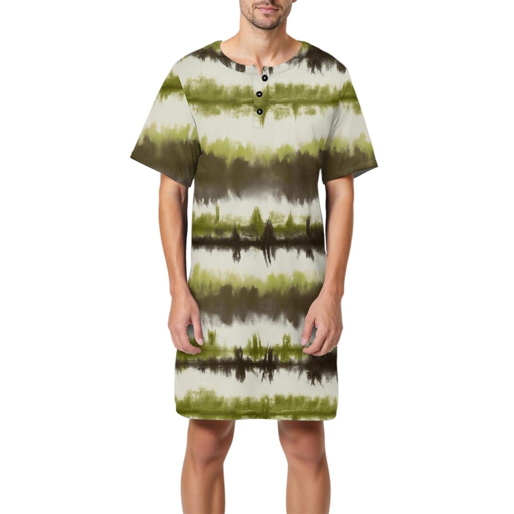 Мужская мода Принтованная хлопковая пижама с коротким рукавом Воротник на пуговицах Длинная свободная домашняя одежда