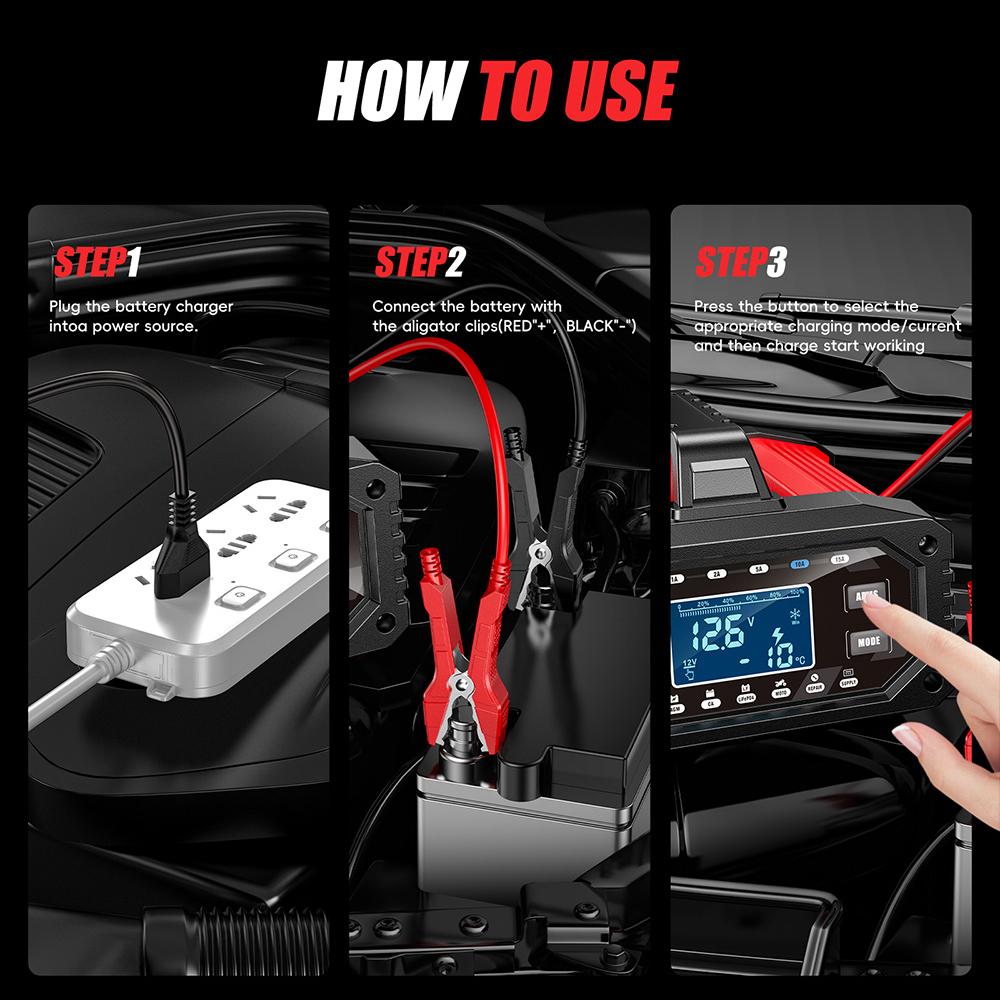 Protect Quick Charger Full Automatic 12V/24V Car Battery Charger Intelligent for Repair Car Maintainer Multiple Protections 300W LCD Display